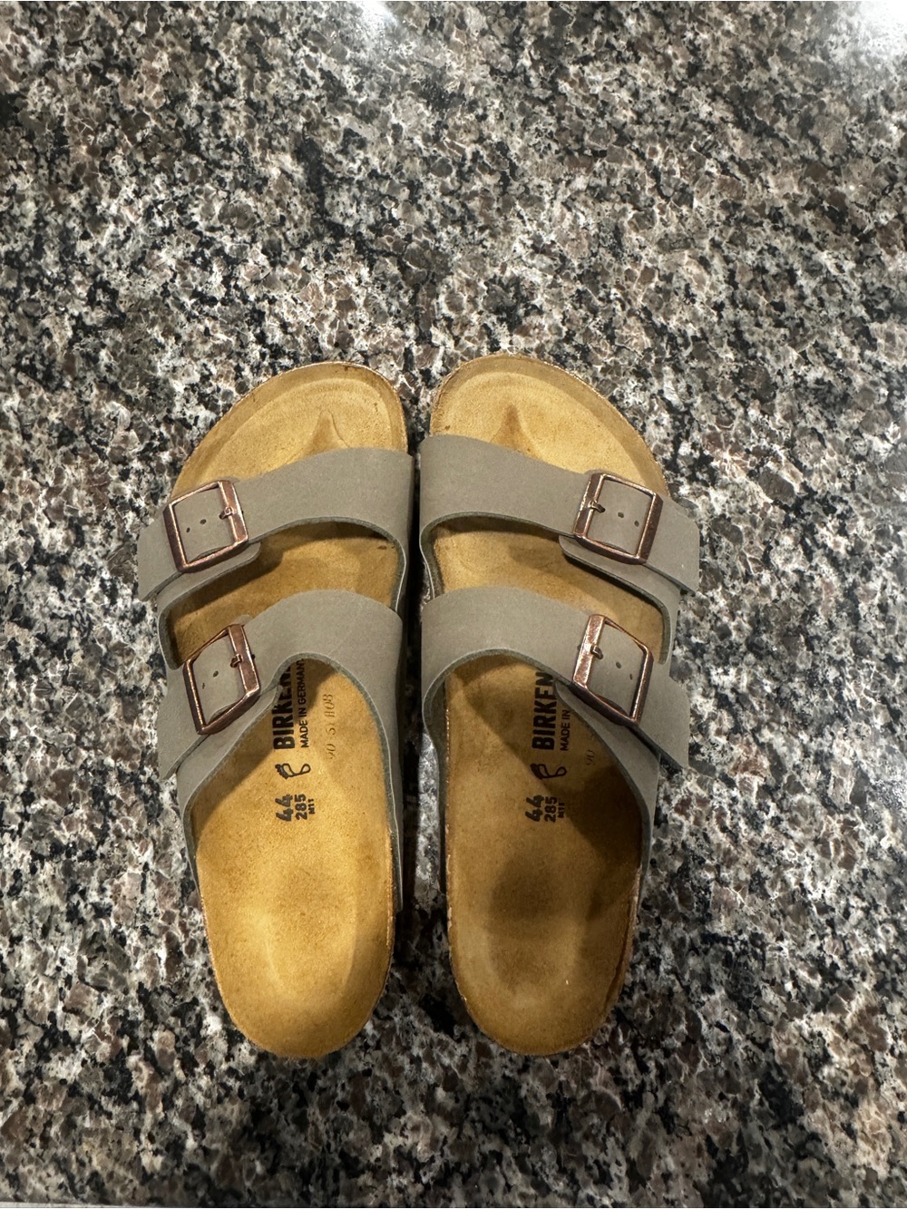 Birkenstock Men's Two-Strap Arizona Sandals in Taupe with Rose Gold Buckles